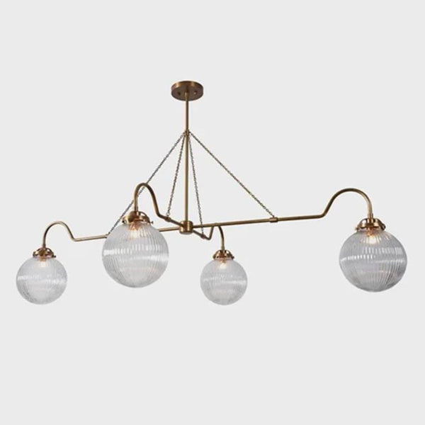 Mid Century Brass Chandelier: Ribbed Glass Globe Linear Kitchen Island Light Modern Dining Room Ceiling Light, Hanging Chain Lamp Fixture