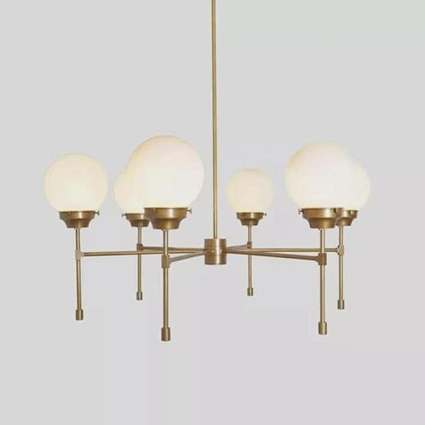 Modern Brass 6 Globe Chandelier: Mid Century Italian Style Pendant Light, Linear Arm Opal Glass Ceiling Fixture, Dining Room Decor