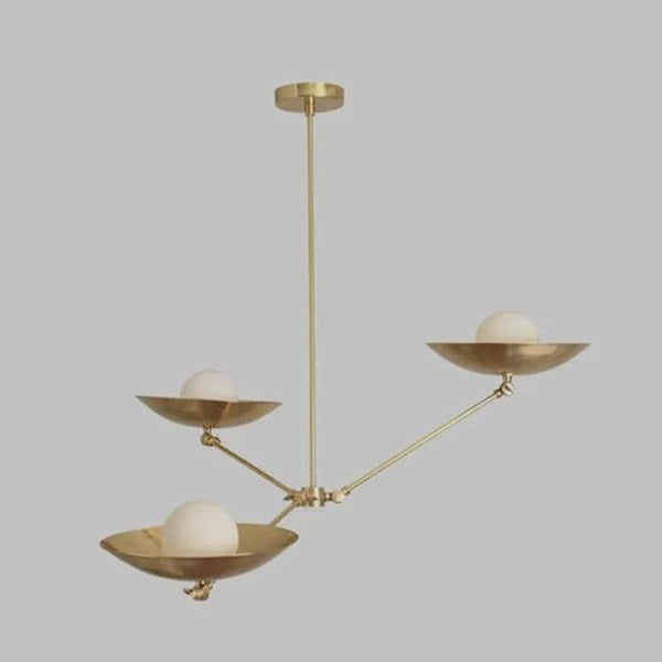 Modern Raw Brass Bowl Chandelier: Mid Century Opal Globes Hanging Light, Sculptural Dining Room Living Room Pendant Light