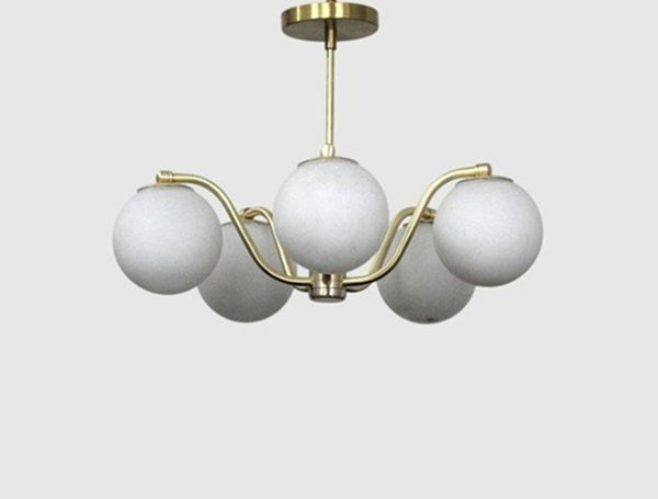 Mid Century Modern Chandelier: Italian Stilnovo Style 5 Glass Globe Brass Flush Mount Light, Gold Sputnik Ceiling Fixture, Semi Flush Mount