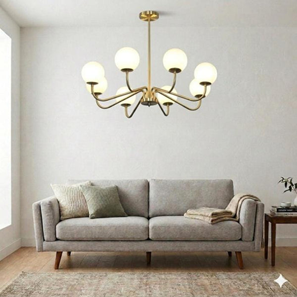 Brass Sputnik Chandelier: 8 Light Milk Glass Globe Pendant, Mid Century Modern Ceiling Fixture, Kitchen Island & Dining Room Lighting