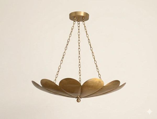 Mid Century Modern Brass Chandelier: Raw Brass Pendant Light, Minimalist Hanging Ceiling Fixture, Contemporary Dining Room Lighting