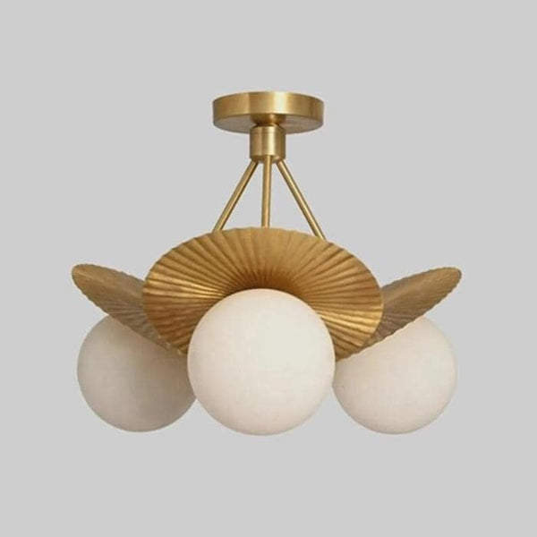 Modern Floral Brass Petal Chandelier: Opal Glass Globe Shades Sculptural Ceiling Light, Mid Century Dining Living Room Pendant Lighting